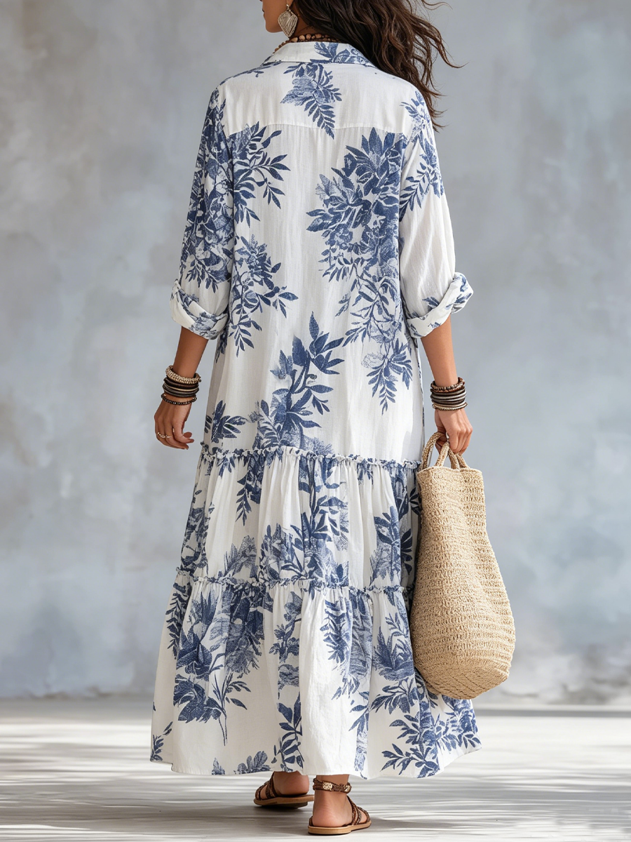 Dahlia™ | Bohemian Blue Floral Button-Down Tiered Maxi Dress