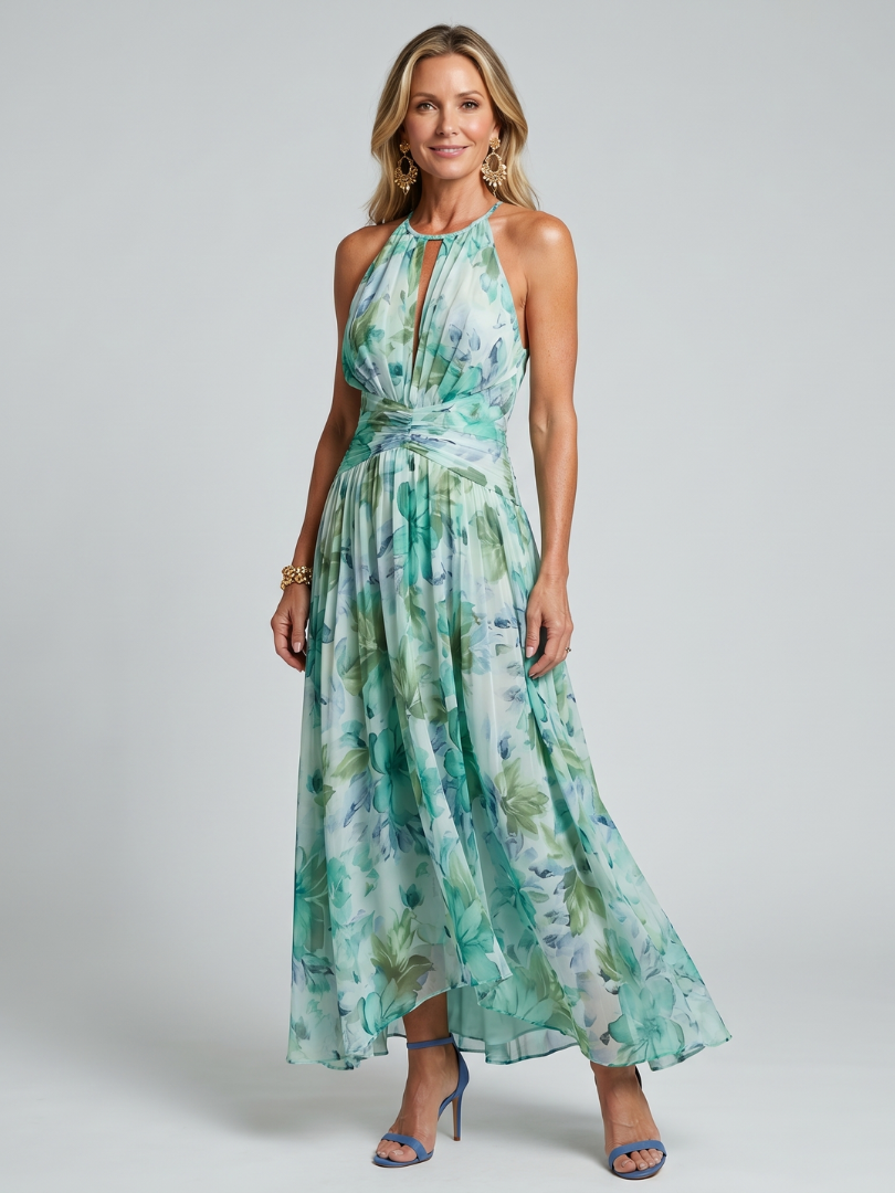 Portia™ Pleated Halter Soft Floral Pattern Midi Dress