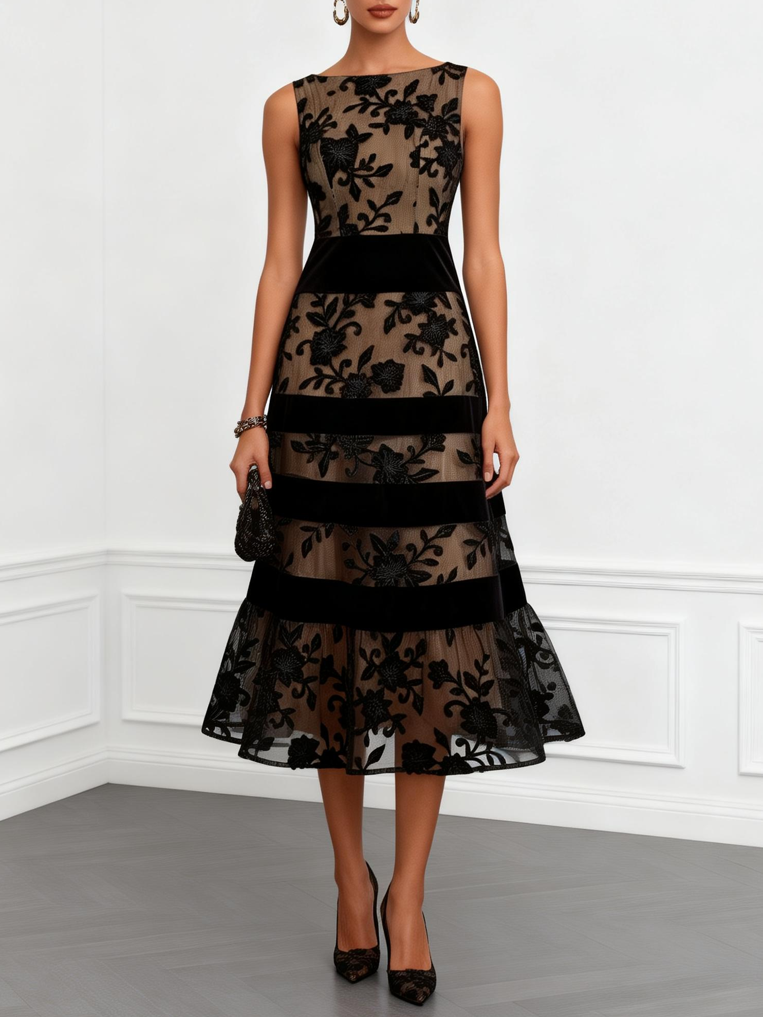 Black Mesh Floral Sleeveless A-Line Midi Dress