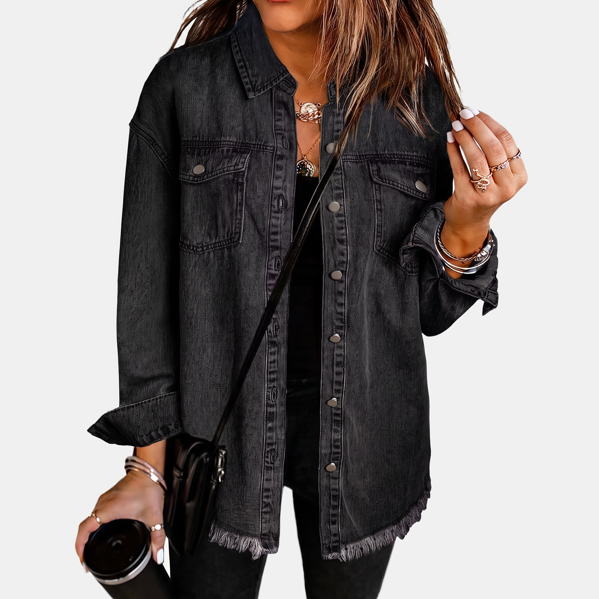 Women's Raw Hem Snap Button Washed Denim Jacket