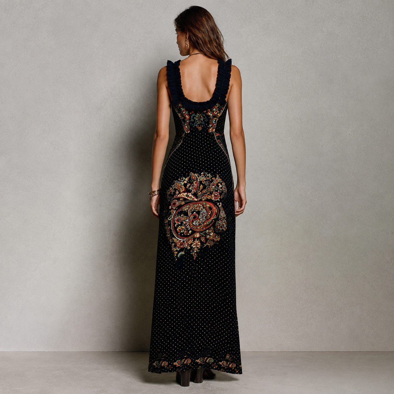 Bohemian-Style Printed Dress with Deep V-Neck and High Slit