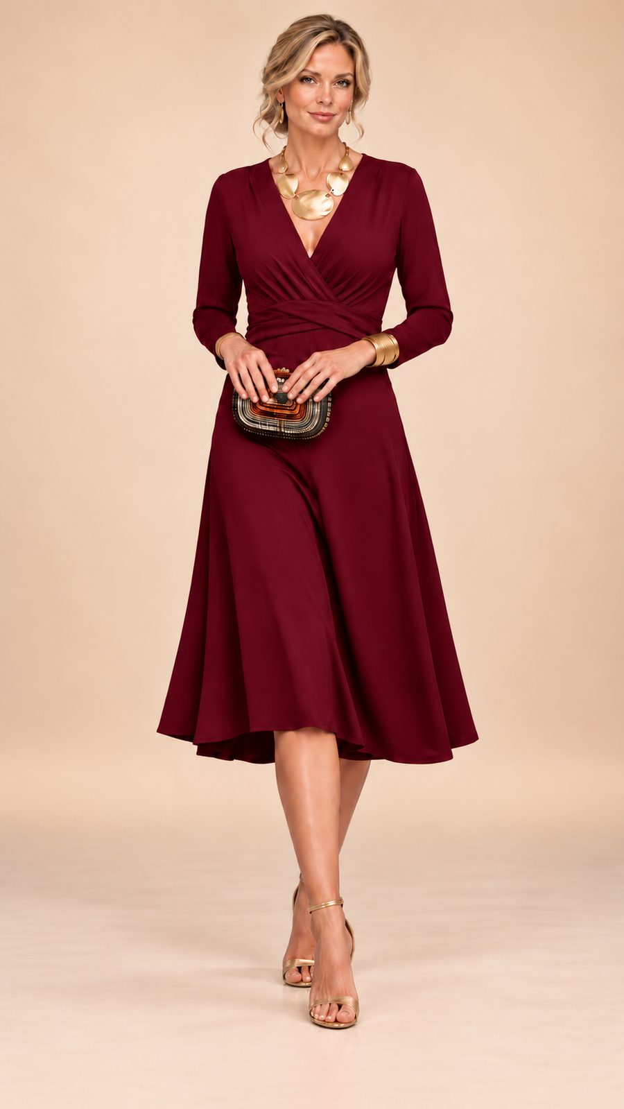 Naomi | Solid V-Neck Cross Waist Ruched Long Sleeve Midi Maxi Dress
