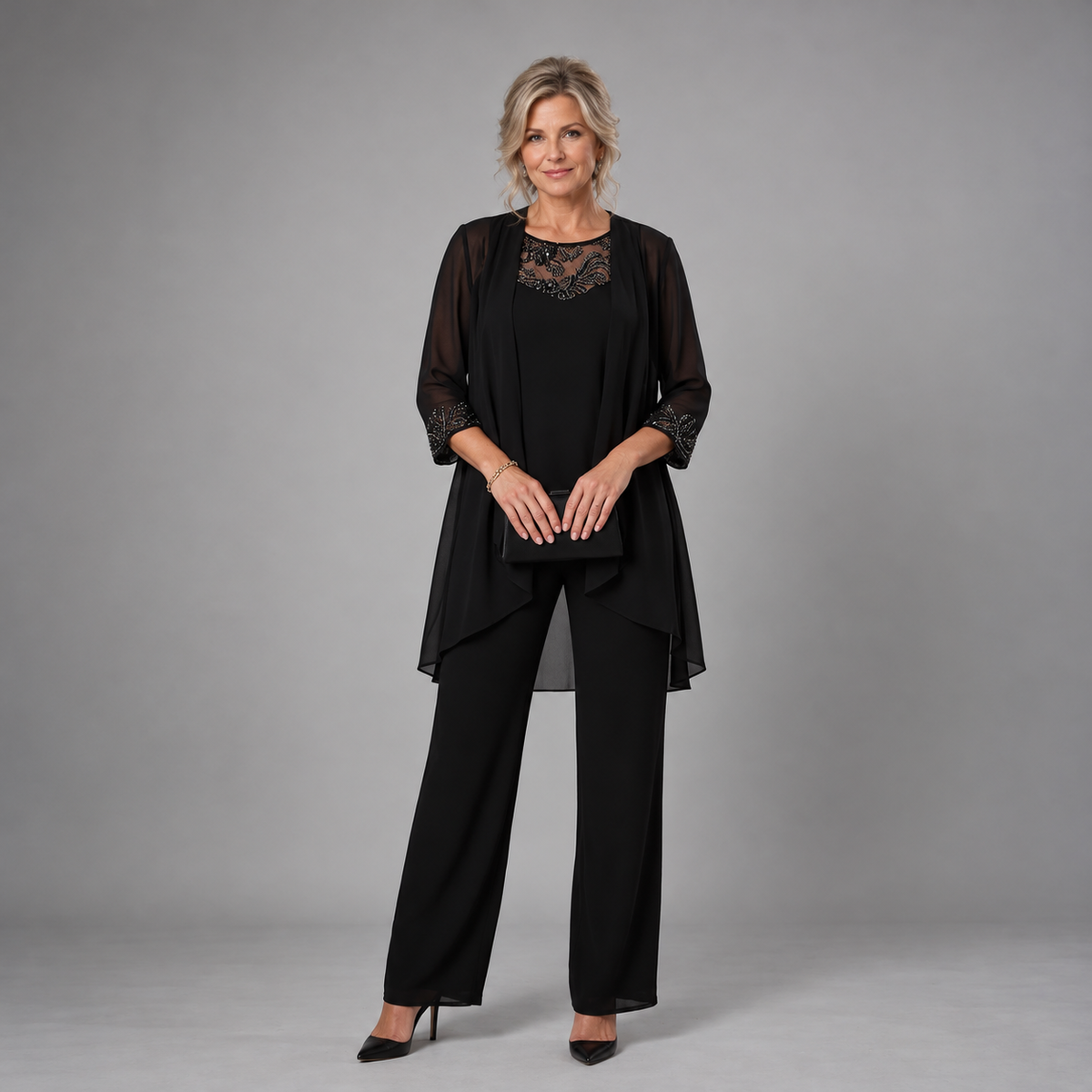 Iva | Beaded Chiffon Wide-Leg Three-Piece Set for Women
