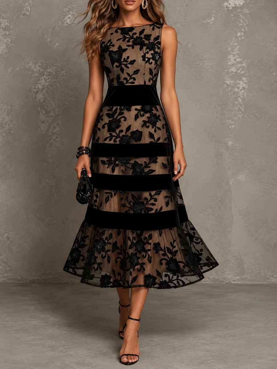 Black Mesh Floral Sleeveless A-Line Midi Dress
