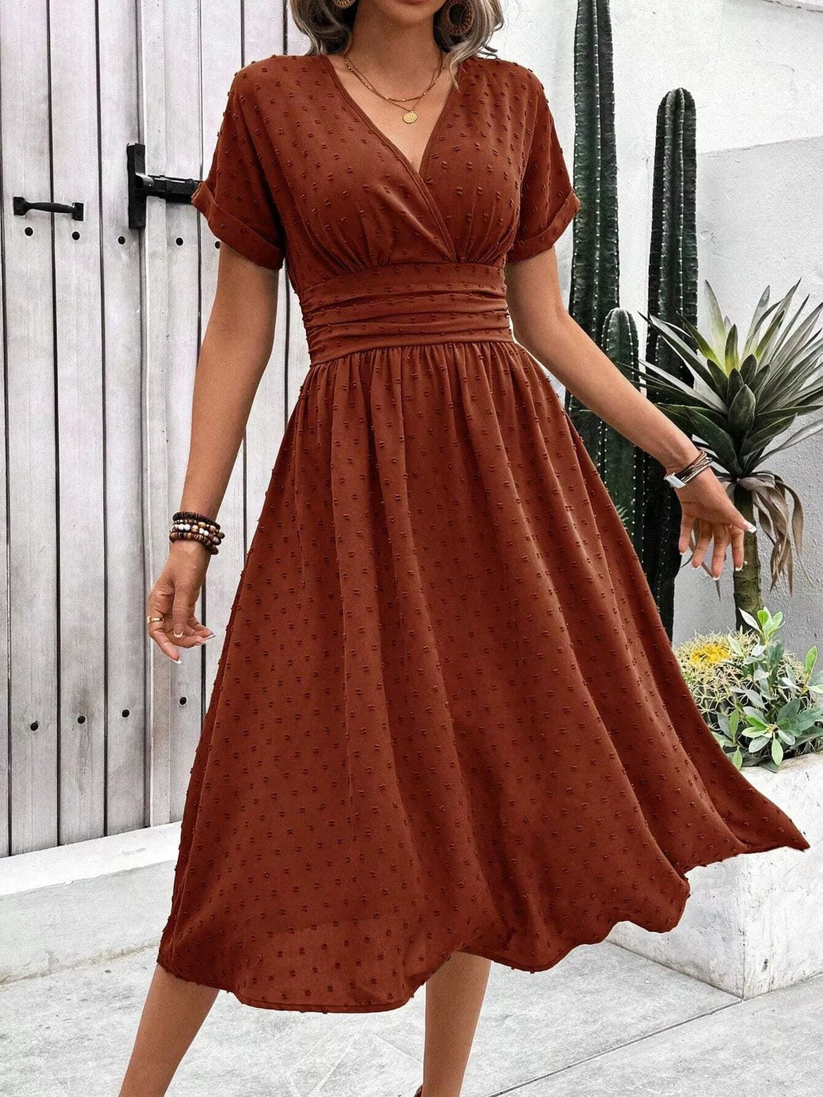 Summer 2026 Women's V-Neck Dress Fashionable Elegant Pom-Pom Detail for Date Nights