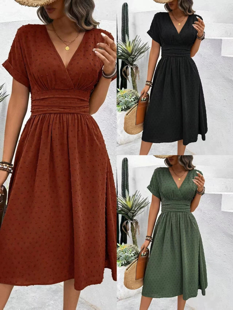 Summer 2026 Women's V-Neck Dress Fashionable Elegant Pom-Pom Detail for Date Nights