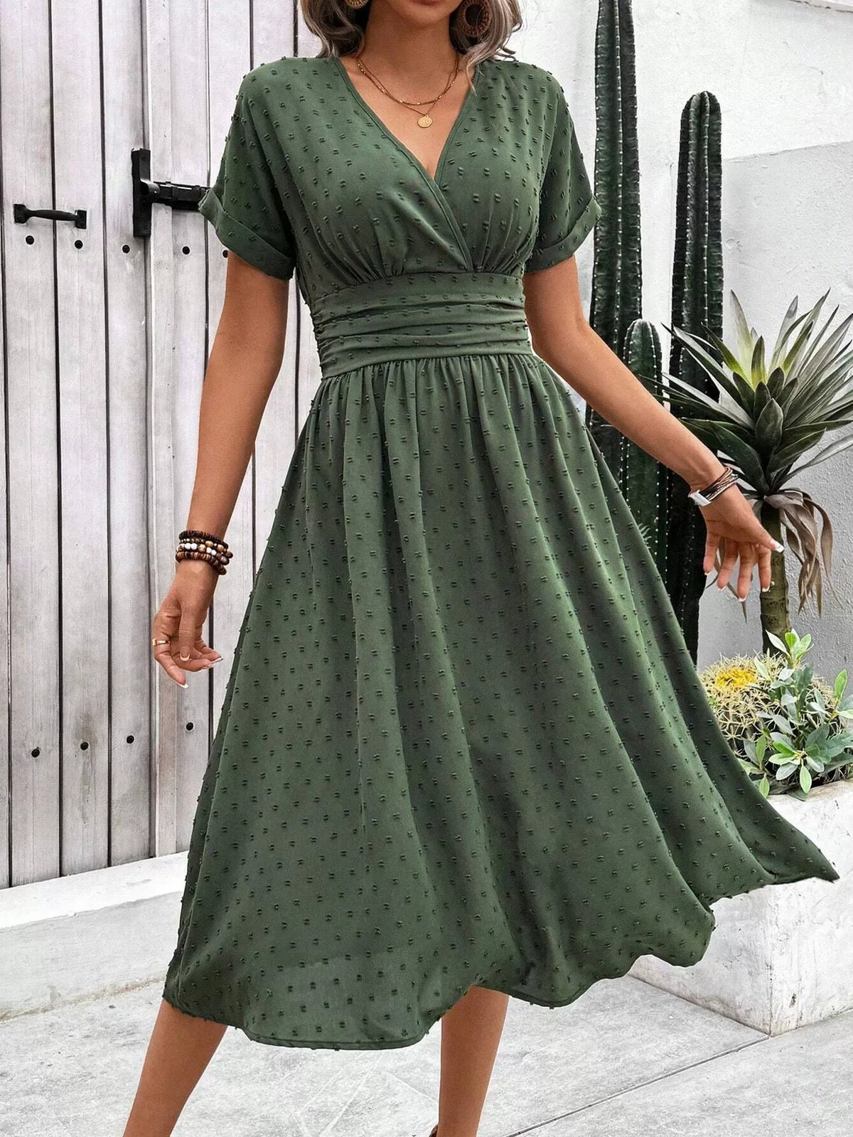 Summer 2026 Women's V-Neck Dress Fashionable Elegant Pom-Pom Detail for Date Nights
