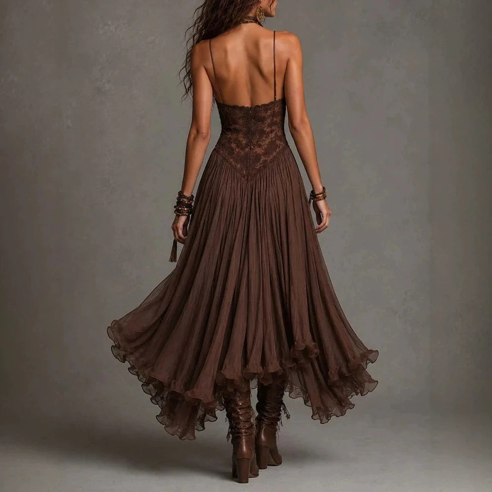 Women‘s Spaghetti Strap Lace Boho Midi Dress Sexy V Neck Ruched Flowy Mesh Sheer Dress Tiered Hem Western Vacation Party Dresses