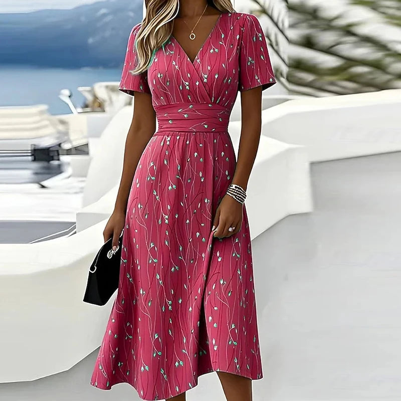 Summer Comfortable Short Sleeve V Neck Printed Party Dress Women Fashion Printed A-Line Holiday Midi Dresses Women Evening Dress