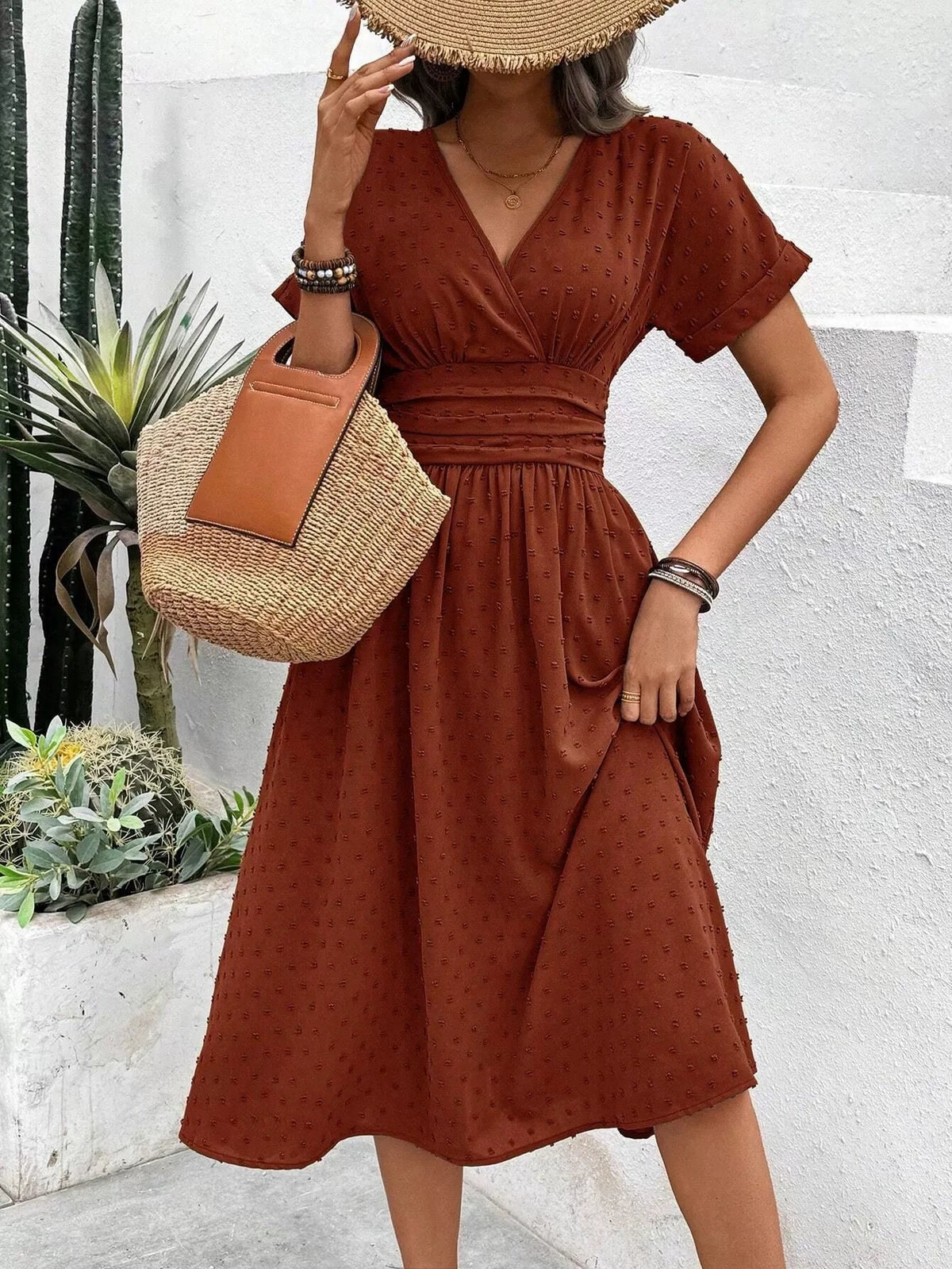 Summer 2026 Women's V-Neck Dress Fashionable Elegant Pom-Pom Detail for Date Nights