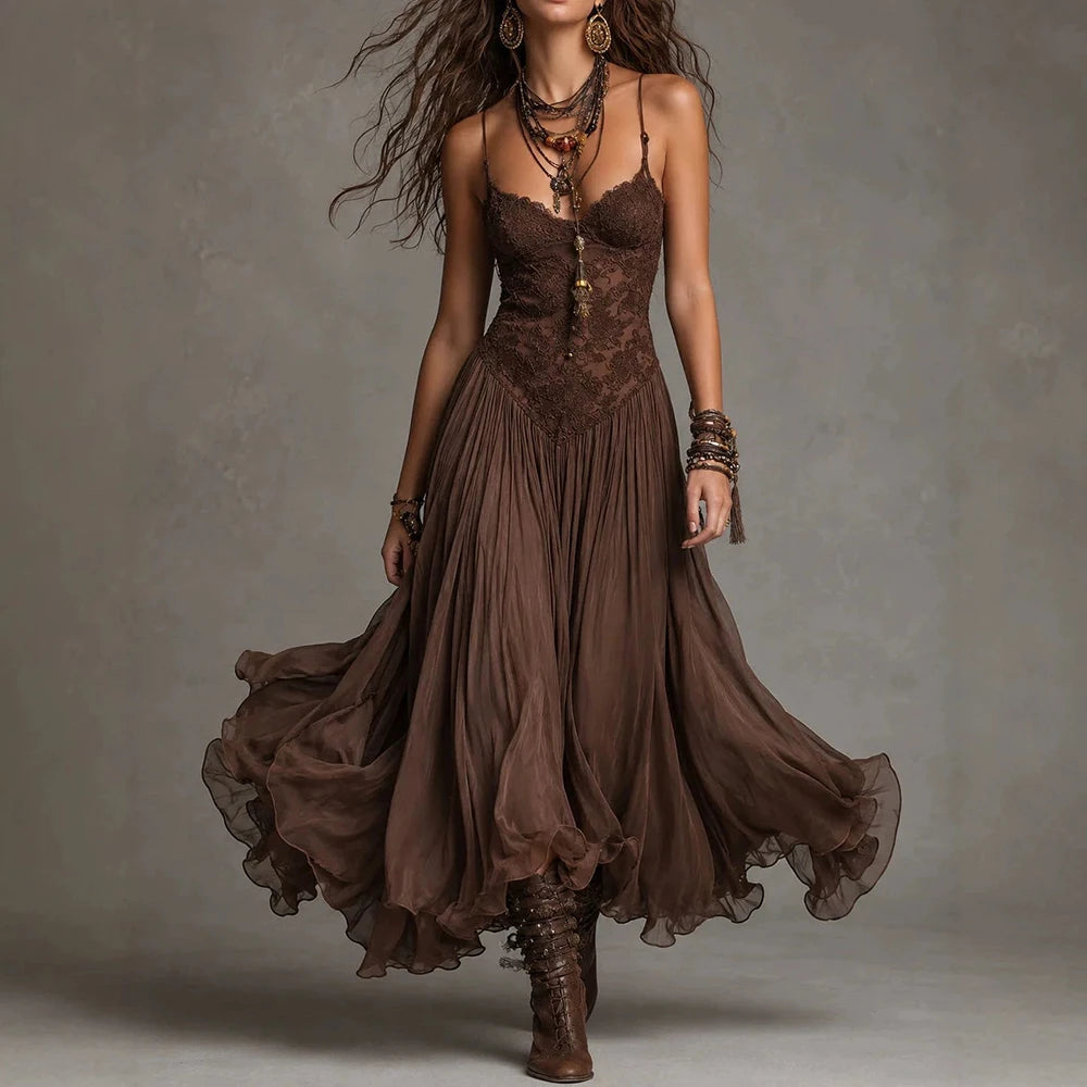 Women‘s Spaghetti Strap Lace Boho Midi Dress Sexy V Neck Ruched Flowy Mesh Sheer Dress Tiered Hem Western Vacation Party Dresses