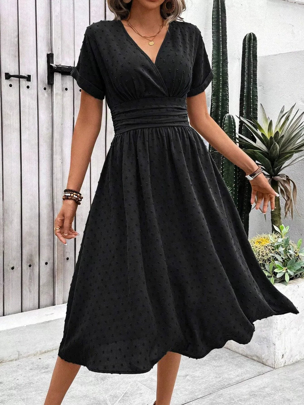 Summer 2026 Women's V-Neck Dress Fashionable Elegant Pom-Pom Detail for Date Nights