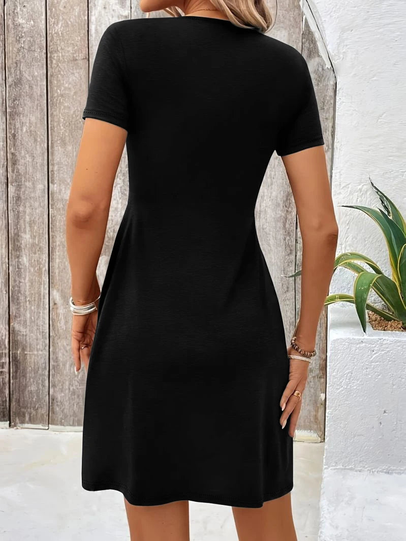 Black Deep V-Neck Twisted Waist Short Sleeve A-Line Mini Dress Casual Slimming Solid Color Gown for Women
