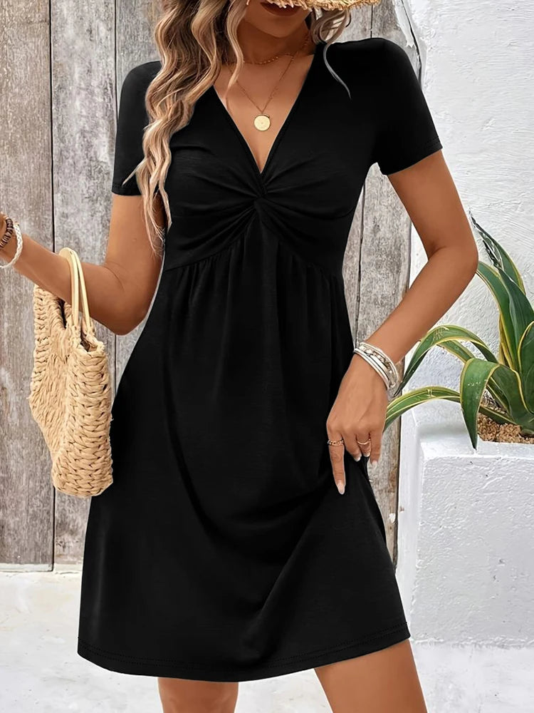 Black Deep V-Neck Twisted Waist Short Sleeve A-Line Mini Dress Casual Slimming Solid Color Gown for Women
