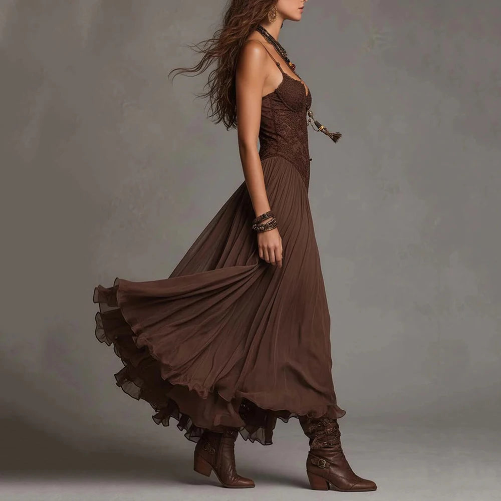Women‘s Spaghetti Strap Lace Boho Midi Dress Sexy V Neck Ruched Flowy Mesh Sheer Dress Tiered Hem Western Vacation Party Dresses