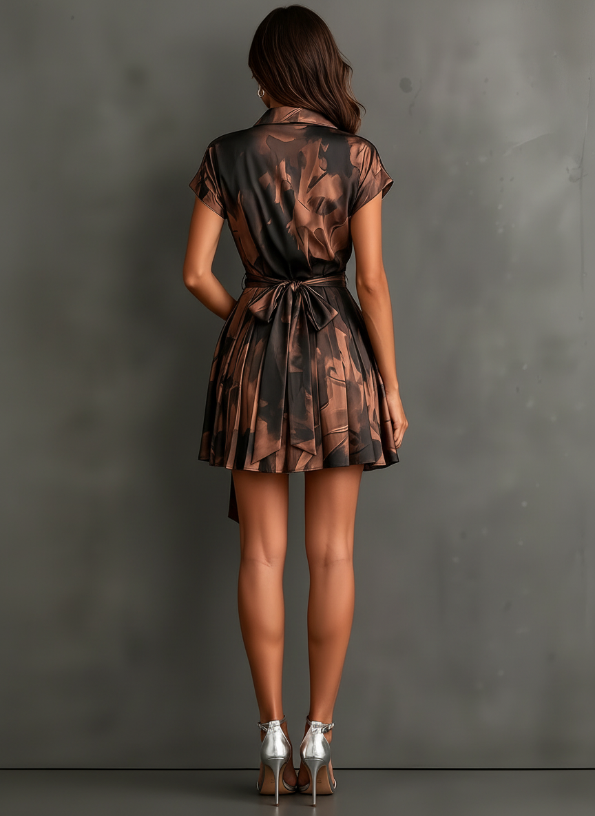 CHIARA | BROWN ABSTRACT PRINT MINI WRAP DRESS