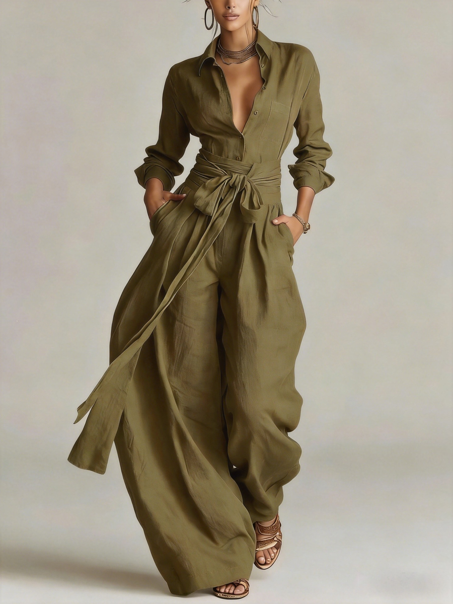 Betty | Tie-Waist Shirt and Wide-Leg Pants Two-Piece Set for Women