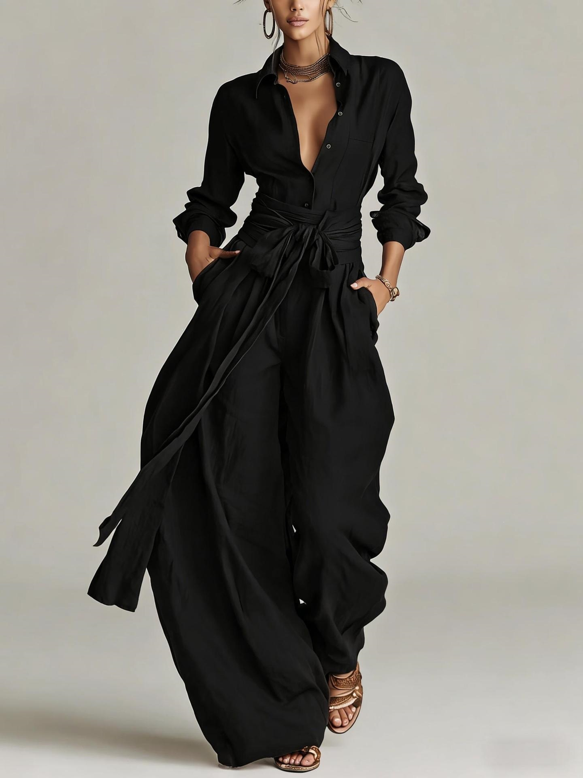 Betty | Tie-Waist Shirt and Wide-Leg Pants Two-Piece Set for Women